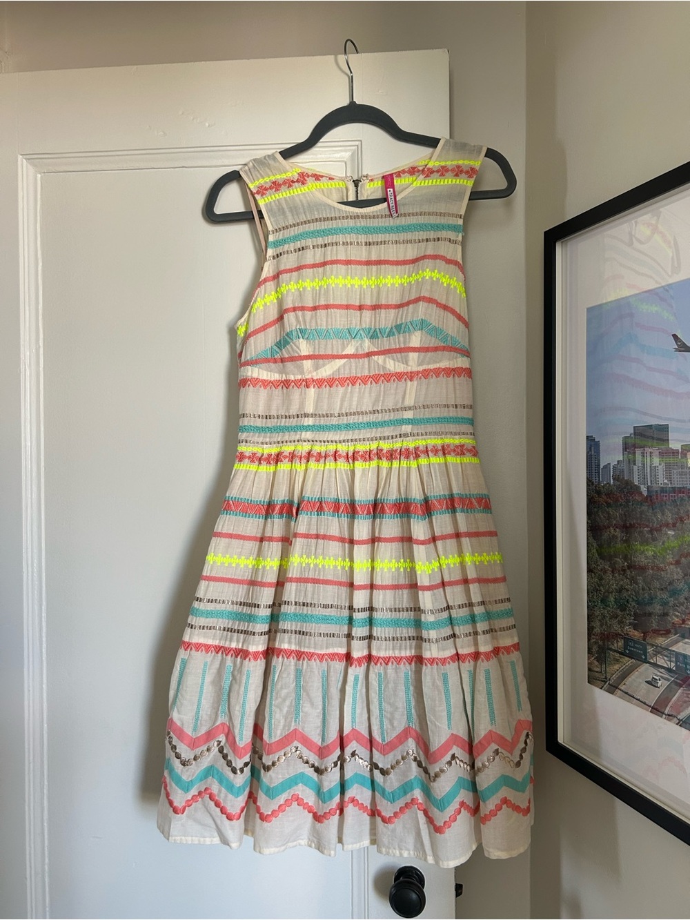 Anthropologie Plenty by Tracy Reese Sunglow Neon Embroidered Fit & Flare Dress